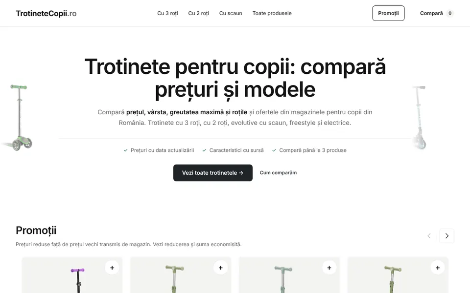 Pagina principală TrotineteCopii.ro: comparator de prețuri pentru trotinete pentru copii cu 3 roți, 2 roți și evolutive
